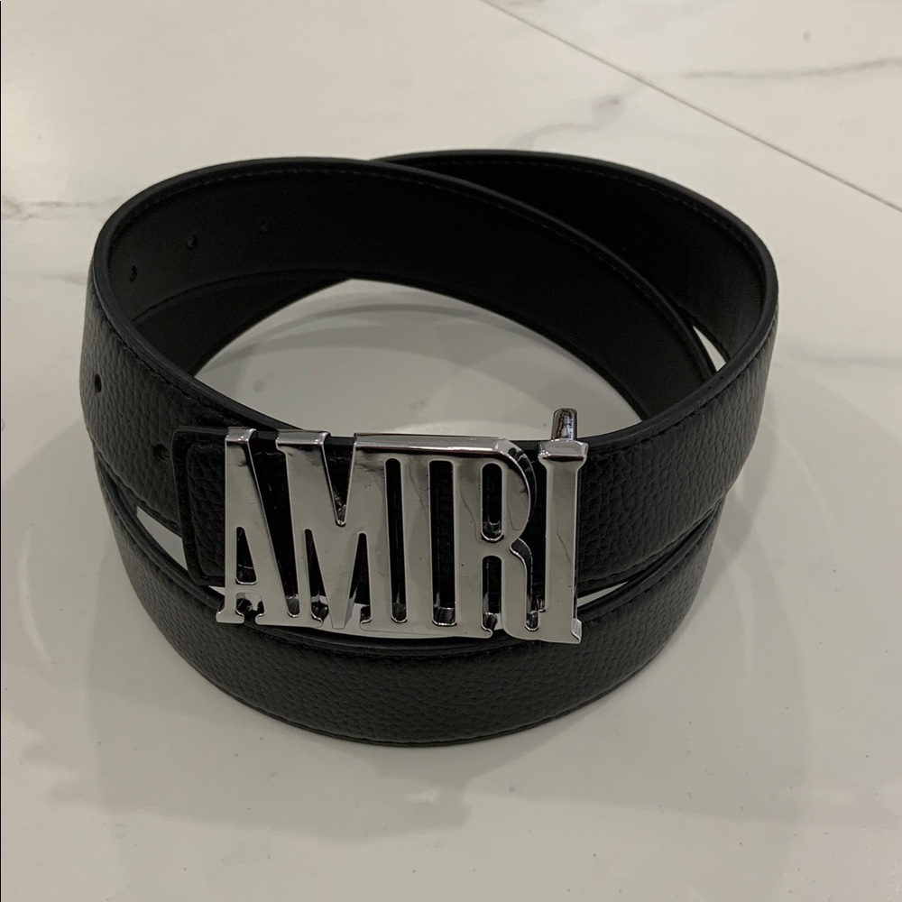 AMIRI Faux Black  Leather Belt Silver Belt Buckle Logo for Men